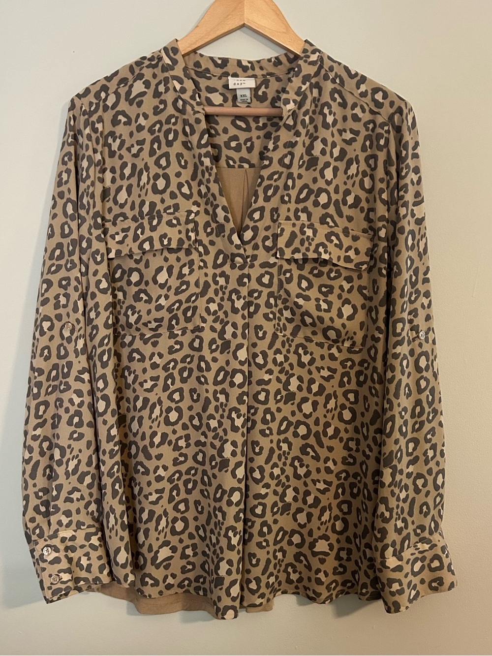 a new day Leopard Print Button-Down Mixed-Media Blouse - Taupe and Grey